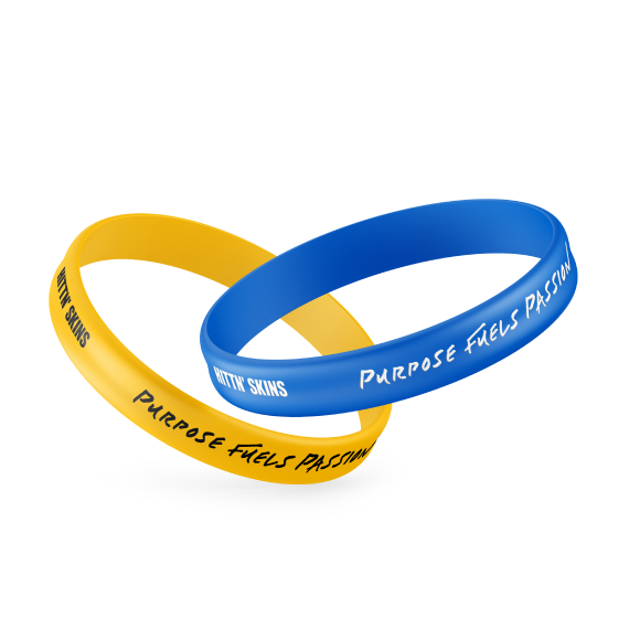 a pair of yellow and blue silicon bracelets with hittn skins on it